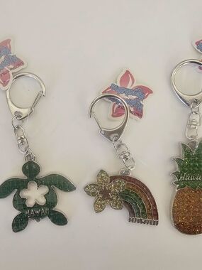 Hawaii Glitter Plumeria, Turtle, Rainbow, Cocount Tree & Pineapple Keychain Set